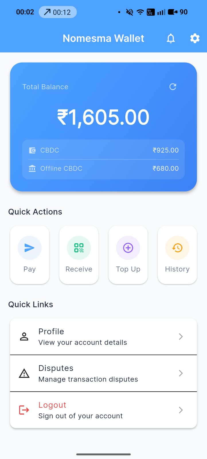 Mobile app dashboard showing wallet balance and recent transactions